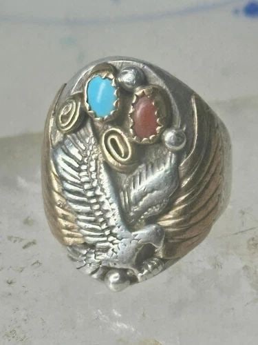 EAGLE RING SOUTHWESTERN TURQUOISE CORAL SIZE 8.75 STERLING SILVER WOMEN MEN: EAGLE RING SOUTHWESTERN TURQUOISE CORAL SIZE 8.75 STERLING SILVER WOMEN MEN Eagle ring southwestern turquoise coral size 8.75 sterling silver women men Size 8.75 Between a size 8.75 and a size 9 Weigh