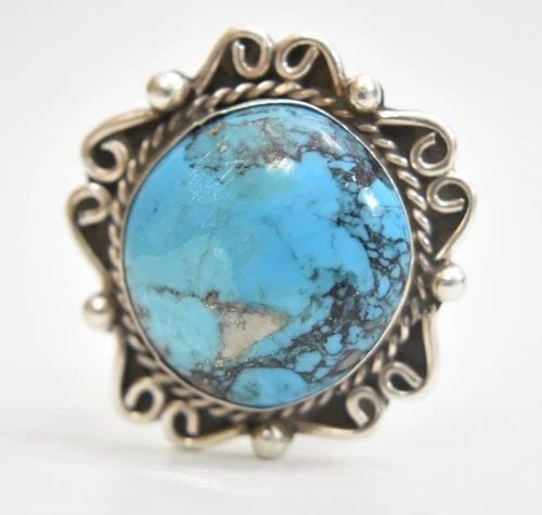NAVAJO TURQUOISE RING LARGE ROUND VINTAGE STERLING SILVER SIZE 7.5 (1 of 2)