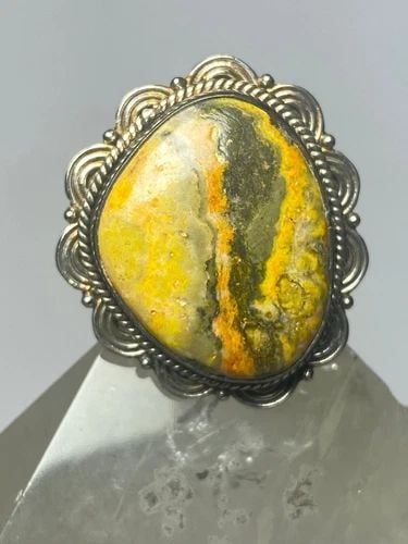 BUMBLEBEE JASPER RING SIZE 5.25 STERLING SILVER WOMEN GIRLS: BUMBLEBEE JASPER RING SIZE 5.25 STERLING SILVER WOMEN GIRLS Bumblebee jasper ring sterling silver women girls Size 5.25 Weight 10.2g Length 1 1/4" Width 1" Thinnest part 1/4"