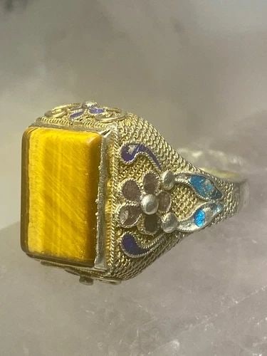 TIGER EYE RING FLORAL CHINESE EXPORT ENAMEL STERLING SILVER WOMEN GIRLS (1 of 2)