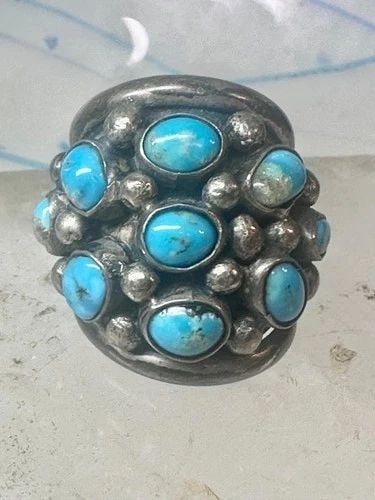 NAVAJO RING DOME TURQUOISE BAND SIZE 6 STERLING SILVER WOMEN GIRLS: NAVAJO RING DOME TURQUOISE BAND SIZE 6 STERLING SILVER WOMEN GIRLS Navajo ring Dome Turquoise band size 6 sterling silver women girls signed JT Size 6 Weight 16.4g Width 1" Thinnest part of band 1/4"