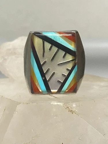 ZUNI RING SIZE 10.75 TURQUOISE MOP CORAL INLAY STERLING SILVER WOMEN (1 of 2)