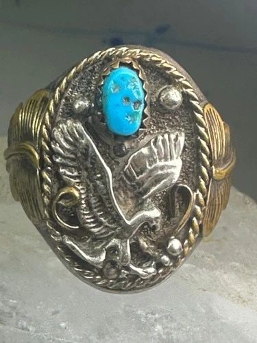 EAGLE RING LEAVES SOUTHWESTEN BAND SIZE 12.25 STERLING SILVER WOMEN MEN: EAGLE RING LEAVES SOUTHWESTEN BAND SIZE 12.25 STERLING SILVER WOMEN MEN Eagle Ring leaves southwestern band size 12.25 sterling silver women men looks like 1/20 12K gold filled leaves on either side o