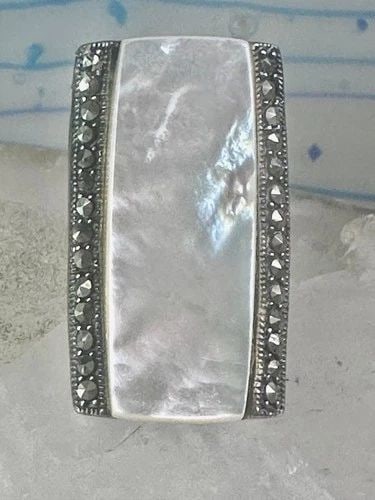 VINTAGE LONG MOTHER OF PEARL MARCASITE RING FULL FINGER SIZE 6 STERLING SILVER (1 of 2)