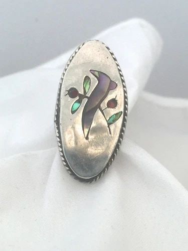 VINTAGE STERLING SILVER RING BIRD ABALONE TAXCO SIZE 5 MEXICO LONG TRIBAL: VINTAGE STERLING SILVER RING BIRD ABALONE TAXCO SIZE 5 MEXICO LONG TRIBAL Vintage Sterling Silver Ring Bird Abalone Mexico Taxco Size 5 Weight 7.3g Length 1 7/16" Width 5/8<