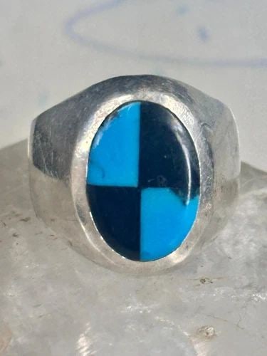 TURQUOISE RING ONYX MEXICO SIZE 12 HEAVY CHECKERBOARD STERLING SILVER WOMEN MEN (1 of 2)