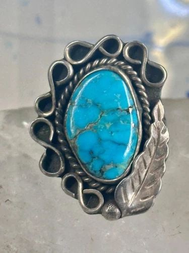TURQUOISE RING NAVAJO FEATHER LEAF SIZE 9.75 STERLING SILVER WOMEN (1 of 2)