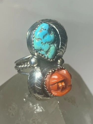 TURQUOISE RING CORAL ROSE NAVAJO BAND STERLING SILVER WOMEN SIGN TR SIZE 7 (1 of 2)