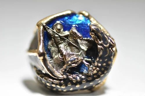 ST GEORGE SLAYING DRAGON RING HORSE SWORD STERLING SILVER MEN WOMEN: ST GEORGE SLAYING DRAGON RING HORSE SWORD STERLING SILVER MEN WOMEN St George Slaying Dragon Ring Horse Sword sterling silver men women with some type of gold wash over sterling silver ring Size 9 Bet