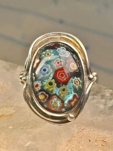 MILLEFIORI RING CAITHNESS GLASS RING VINTAGE 1980 SIZE 8.25 STERLING SILVER WOM (1 of 2)