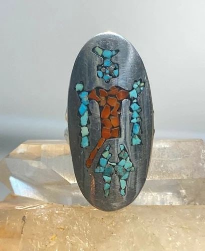 LONG KACHINA RING SIZE 6.25 TURQUOISE CORAL CHIPS STERLING SILVER NAVAJO SOUTHWE (1 of 2)