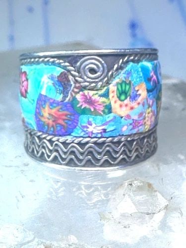 MILLEFIORI RING CIGAR BAND ROPE DESIGN GLASS STERLING SILVER SIZE 5.5 WOMEN GIRL: MILLEFIORI RING CIGAR BAND ROPE DESIGN GLASS STERLING SILVER SIZE 5.5 WOMEN GIRL Millefiori ring cigar band rope design flower glass sterling silver size 5.5 women girls Size 5.5 Weight 3.1g Length. 1