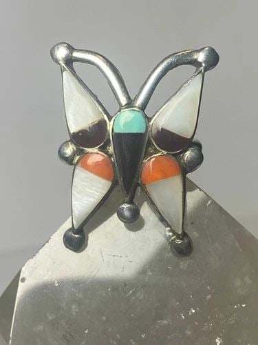 BUTTERFLY RING SIZE 6 TURQUOISE ZUNI MOTHER OF PEARL CORAL ONYX SOUTHWEST STERLI: BUTTERFLY RING SIZE 6 TURQUOISE ZUNI MOTHER OF PEARL CORAL ONYX SOUTHWEST STERLI Butterfly ring turquoise Zuni mother of pearl coral onyx southwest sterling silver women Size 6 Weight 5.4g Length. 1. 