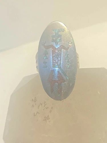 KACHINA RING TURQUOISE CHIPS CORAL CHIPS LONG STERLING SILVER WOMEN (1 of 2)