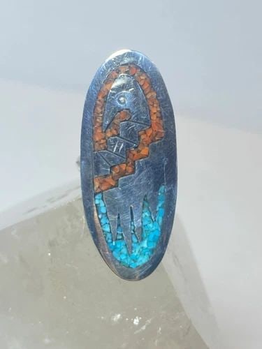 BIRD RING LONG HOPI TURQUOISE CORAL CHIPS STERLING SILVER GIRLS WOMEN GIRLS (1 of 2)