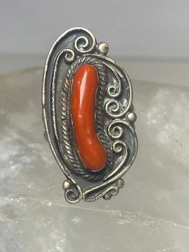 NAVAJO RING SIZE 5.75 LONG CORAL STERLING SILVER WOMEN MEN: NAVAJO RING SIZE 5.75 LONG CORAL STERLING SILVER WOMEN MEN Navajo ring size 5.75 long coral sterling silver women men I leave the rings unpolished until I sell .. If the buyer wants the ring polished 