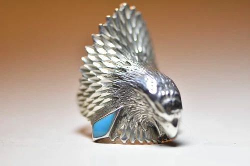 EAGLE RING TURQUOISE TRIBAL SOUTHWEST WOMEN MEN STERLING SILVER: EAGLE RING TURQUOISE TRIBAL SOUTHWEST WOMEN MEN STERLING SILVER Eagle ring Turquoise tribal southwest women men sterling silver Size 9.25 weight 15.4g widest part of ring 1 1/2" Thinnest part of ring 