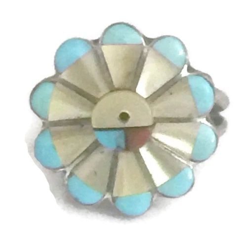 VINTAGE SUN FACE TURQUOISE STERLING SILVER SOUTHWEST RING SIZE 7 3.3G: VINTAGE SUN FACE TURQUOISE STERLING SILVER SOUTHWEST RING SIZE 7 3.3G Vintage Turquoise MOP Mother of Pearl Sterling Silver Southwest Ring The Center Dot is Empty .. Imperfection on the turquoise in c
