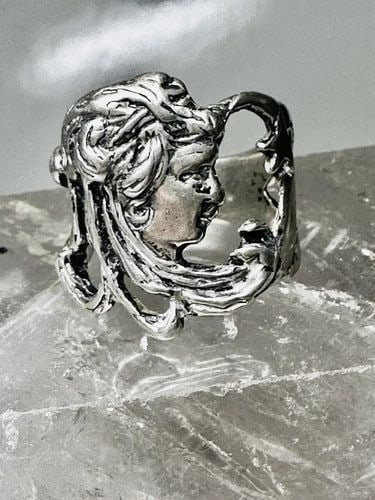 FACE RING LADY STAR SIZE 6.25 LONG HAIR ART DECO STYLE STERLING SILVER WOMEN (1 of 2)
