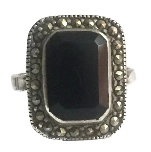 VINTAGE STERLING SILVER MOURNING MARCASITE FACETED ART DECO ONYX RING SIZE 6.75 (1 of 2)