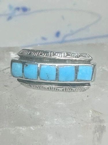 ZUNI RING SIZE 5 TURQUOISE BAND STERLING SILVER WOMEN: Zuni ring size 5 turquoise band sterling silver women Size 5 Weight 4.3g Width. 1/4" Thinnest part of band 1/8"
