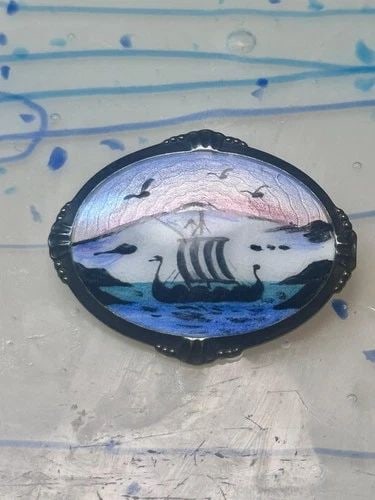 VIKING SHIP PIN ENAMEL SCANDINAVIAN SIGNED N STERLING SILVER SUNSET SUNRISE SEAG (1 of 2)