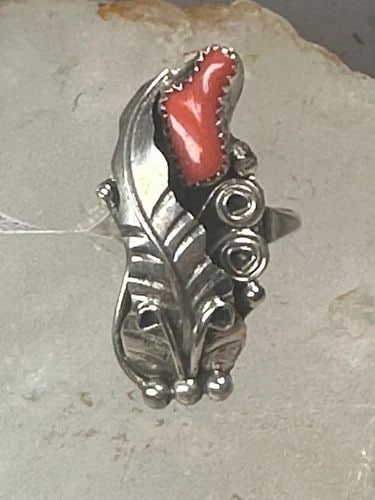 NAVAJO RING CORAL FEATHER SIZE 5.50 ROLANDA MARTINEZ STERLING SILVER WOMEN (1 of 2)