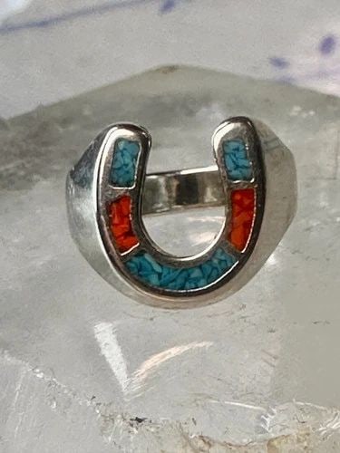 HORSESHOE RING SIZE 6 SOUTHWEST GOOD LUCK CORAL TURQUOISE CHIPS STERLING SILVER (1 of 2)