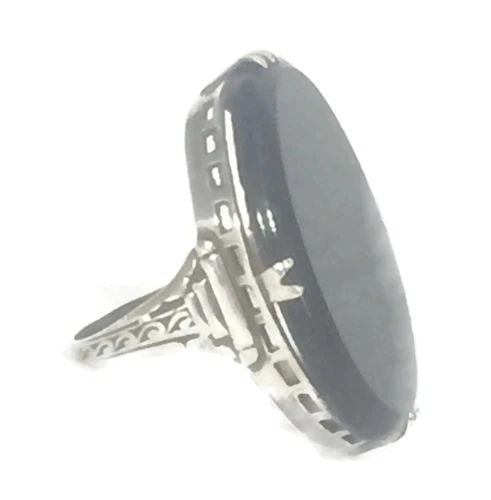 ART DECO VINTAGE ONYX FILIGREE STERLING SILVER PINKY MOURNING RING SIZE 5.50 (1 of 2)
