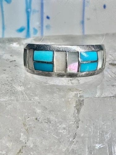 TURQUOISE RING SOUTHWEST MOP BAND SIZE 8.50 STERLING SILVER WOMEN: TURQUOISE RING SOUTHWEST MOP BAND SIZE 8.50 STERLING SILVER WOMEN Turquoise ring southwest MOP band size 8.50 sterling silver women Signed Tsadiase Size 8.50 Between a size 8.50 and a size 8.75 Weight