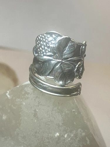 FOUR LEAF CLOVER SPOON RING FLORAL GOOD LUCK BAND STERLING SILVER WOMEN GIRL C (1 of 2)