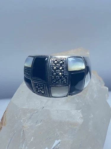 CHECKERBOARD RING SIZE 7.75 ONYX MOTHER OF PEARL MARCASITE CIGAR BAND (1 of 2)