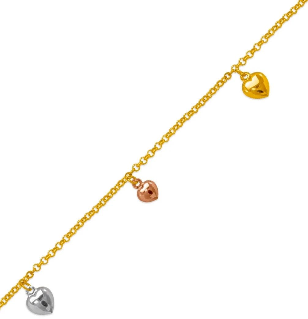 NEW 14K TRI COLOR GOLD HEART CHARM ANKLET: NEW 14K TRI COLOR GOLD CHARM ANKLET 14K Tricolor Gold Approx. 2.2mm Link Approx. 10mm Charm 10" Long High Polished/Diamond Cut Lobster Lock Weight: 4.5 Grams