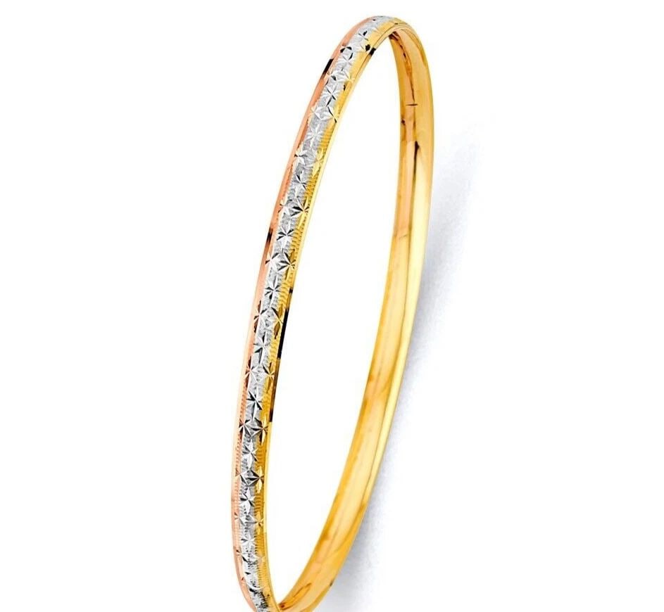 NEW 14K TRI COLOR GOLD 3.7MM CONCAVE HALF DOME SOLID BANGLE (1 of 2)