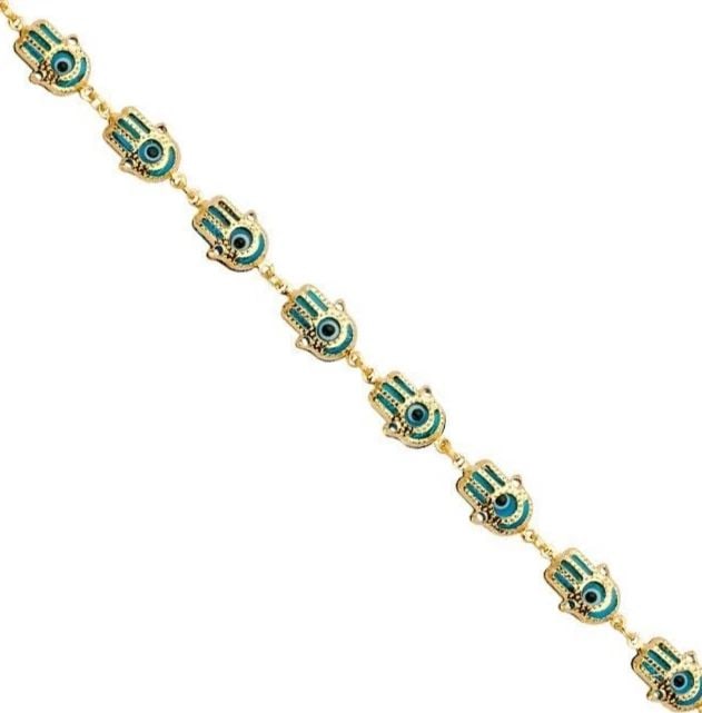 NEW 14K YELLOW GOLD HAMSA BLUE EVIL EYE BRACELET (1 of 2)