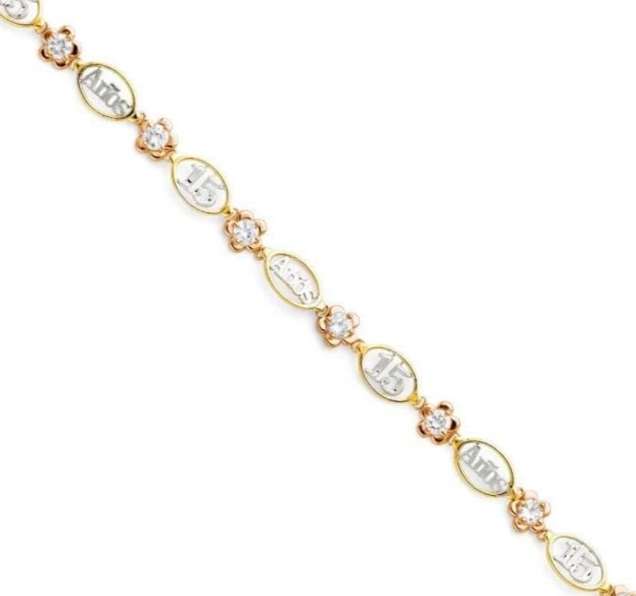 NEW 14K TRI COLOR GOLD 15 YEARS BRACELET: NEW 14K TRI COLOR GOLD 15 YEARS BRACELET 15 YEARS BRACELET NEW 14K TWO TONE GOLD LENGTH - 7in Apx WEIGHT - 6.2g