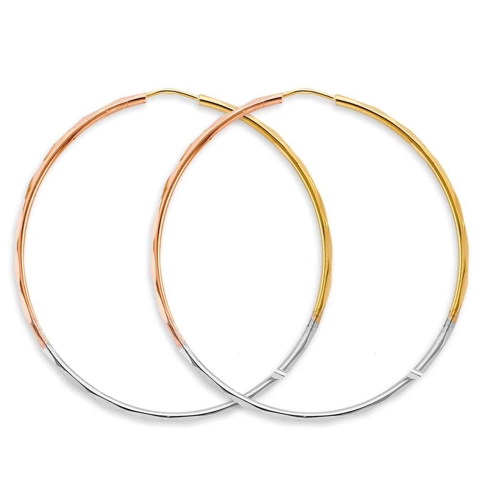 NEW 14K TRI COLOR GOLD 1.5MM FACETED ROUND HOOP EARRINGS (45MM): NEW 14K TRI COLOR GOLD 1.5MM FACETED ROUND HOOP EARRINGS (45MM) 1.5MM FACETED ROUND HOOP EARRINGS (45MM) NEW 14K TRI COLOR GOLD HEIGHT - 50 mm WIDTH - 50 mm Apx WEIGHT - 4.5 g