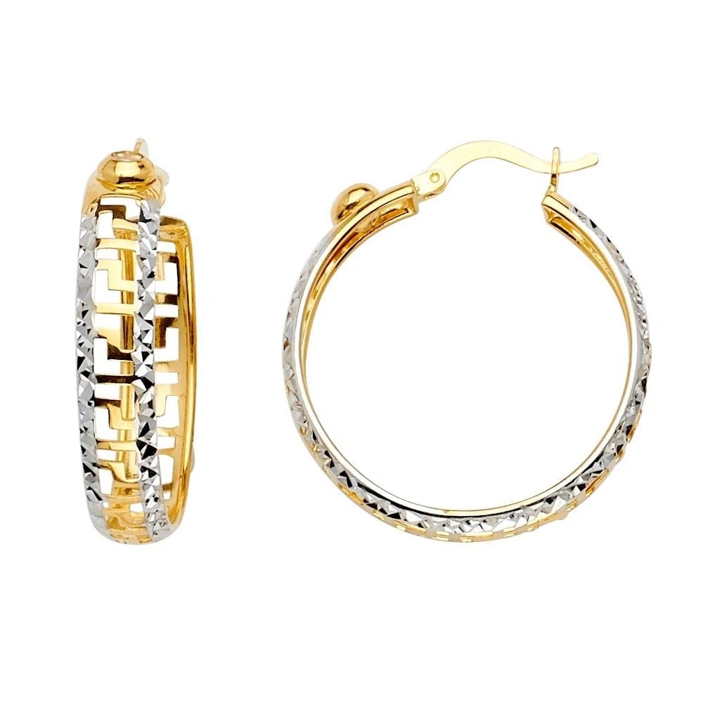 NEW 14K TWO TONE GOLD GREEK DESIGN HOOP EARRINGS (1 of 2)