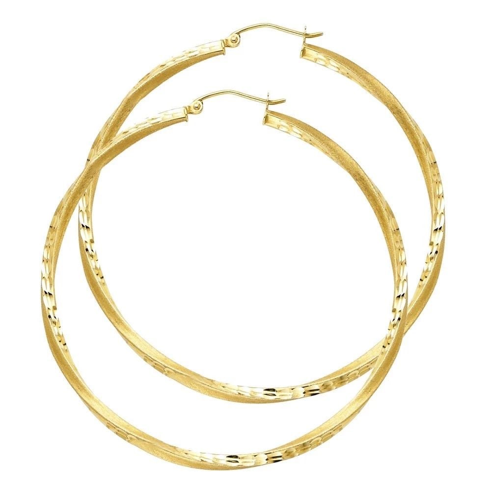 NEW 14K YELLOW GOLD SF DC 2.6MM SWIRL HOOP EARRINGS (55MM): NEW 14K YELLOW GOLD SF DC 2.6MM SWIRL HOOP EARRINGS (55MM) SF DC 2.6MM SWIRL HOOP EARRINGS (55MM) NEW 14K YELLOW GOLD HEIGHT - 55 mm WIDTH - 55 mm Apx WEIGHT - 4.1 g