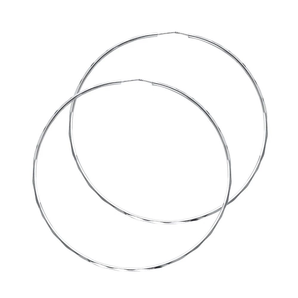 NEW 14K WHITE GOLD 1.5MM FACETED ROUND TUBE HOOP EARRINGS (55MM): NEW 14K WHITE GOLD 1.5MM FACETED ROUND TUBE HOOP EARRINGS (55MM) 1.5MM FACETED ROUND TUBE HOOP EARRINGS (55MM) NEW 14K WHITE GOLD Height : 55 mm Width : 55 mm Weight : 4g