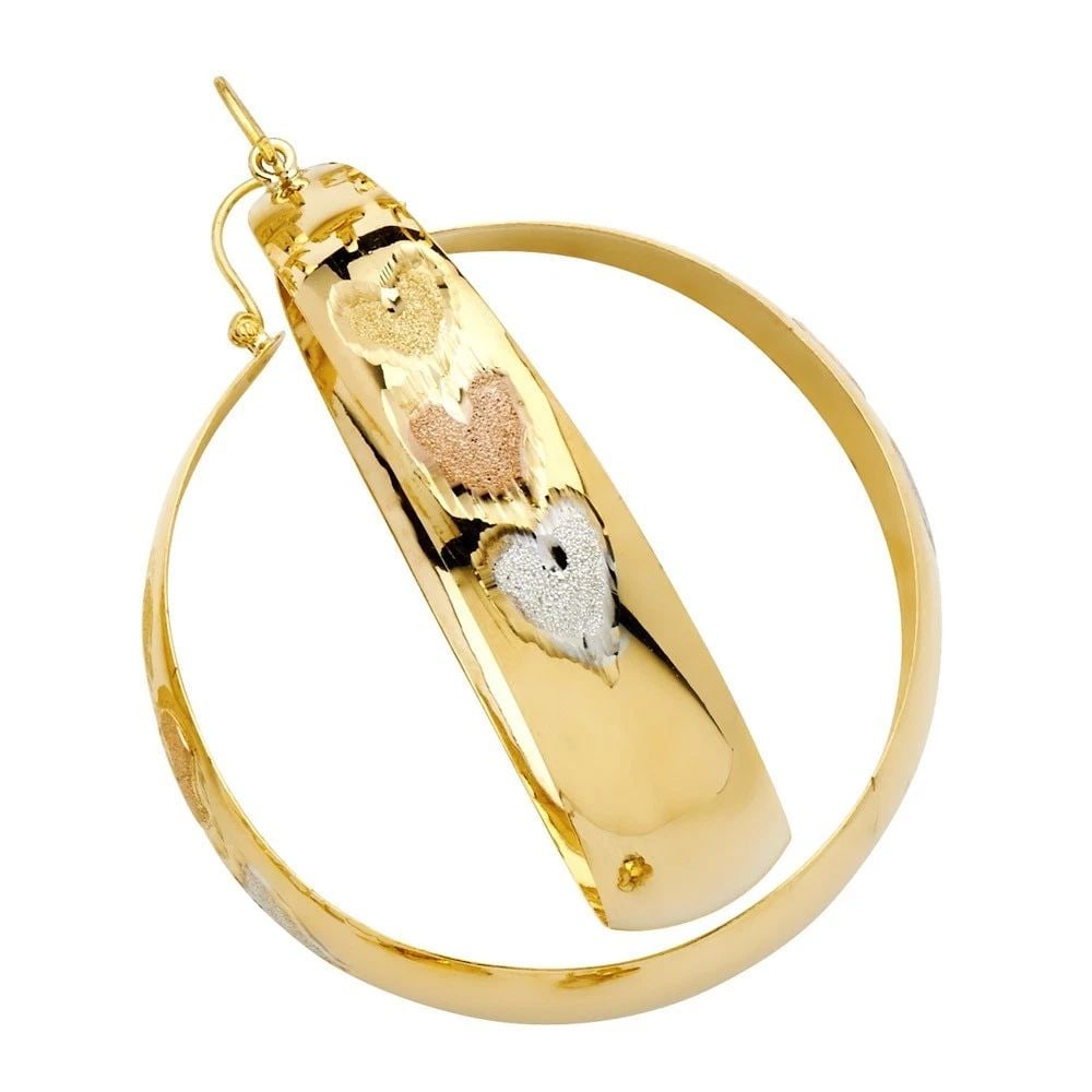 NEW 14K TRI COLOR GOLD HEART DC GRADUATED HOOP EARRINGS: NEW 14K TRI COLOR GOLD HEART DC GRADUATED HOOP EARRINGS HEART DC GRADUATED HOOP EARRINGS NEW 14K TRI COLOR GOLD HEIGHT - 20 mm WIDTH - 20 mm Apx WEIGHT - 3.8 g