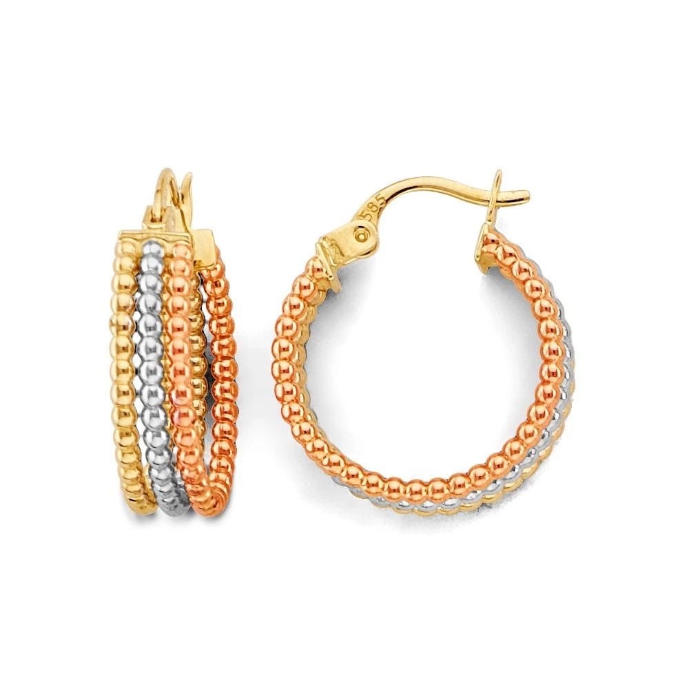 NEW 14K TRI COLOR GOLD 3 LINE HOOP EARRINGS (1 of 2)