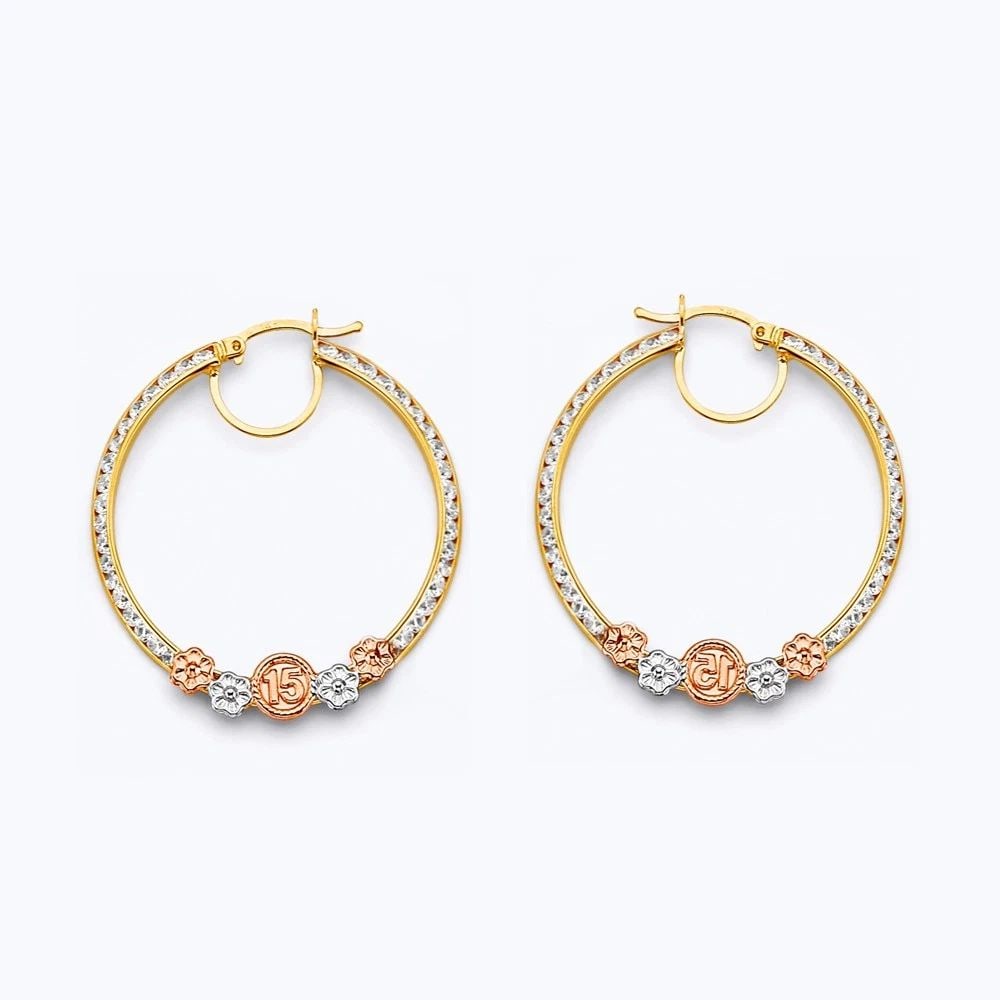 NEW 14K TRI COLOR GOLD 15 YEARS FLOWER HOOP EARRINGS: NEW 14K TRI COLOR GOLD 15 YEARS FLOWER HOOP EARRINGS 15 YEARS FLOWER HOOP EARRINGS NEW 14K TRI COLOR GOLD HEIGHT - 33 mm WIDTH - 33 mm Apx WEIGHT - 3.8 g