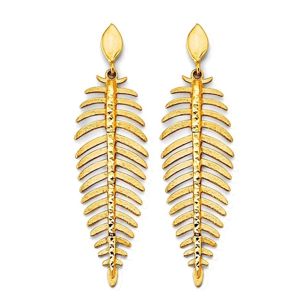 NEW 14K YELLOW GOLD FANCY LEAF DROP EARRINGS: NEW 14K YELLOW GOLD FANCY LEAF DROP EARRINGS FANCY LEAF DROP EARRINGS NEW 14K YELLOW GOLD HEIGHT - 50 mm WIDTH - 15 mm Apx WEIGHT - 3.8 g