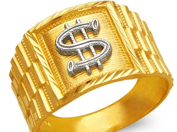 NEW 14K TWO TONE GOLD MEN'S DOLLAR SIGN RING: NEW 14K TWO TONE GOLD MEN'S DOLLAR SIGN RING MEN'S DOLLAR SIGN RING NEW 14K TWO TONE GOLD Apx. WIDTH: 14mm Apx. WEIGHT: 4.8g