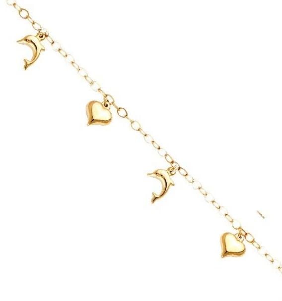 NEW 14K YELLOW GOLD HANGING DOLPHIN AND HEART ANKLET (1 of 2)