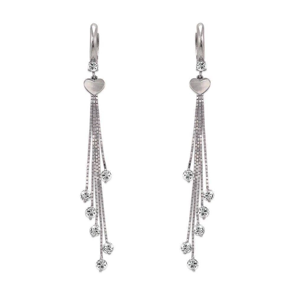NEW 14K WHITE GOLD FANCY HEART DANGLING EARRINGS: NEW 14K WHITE GOLD FANCY HEART DANGLING EARRINGS FANCY HEART DANGLING EARRINGS NEW 14K WHITE GOLD Width: Approx. 12x71mm Apx WEIGHT: 4.6g