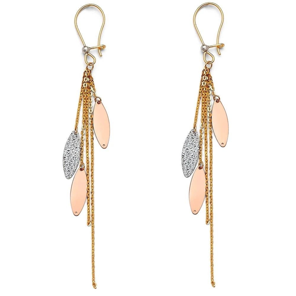 NEW 14K TRI COLOR GOLD DC DANGLE EARRINGS: NEW 14K TRI COLOR GOLD DC DANGLE EARRINGS DC DANGLE EARRINGS NEW 14K TRI COLOR GOLD HEIGHT - 77 mm WIDTH - 5 mm Apx WEIGHT - 3.5 g