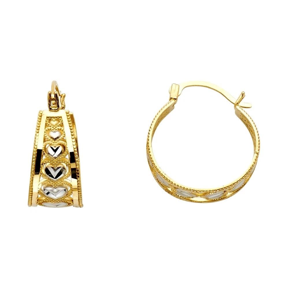 NEW 14K TWO TONE GOLD HEART HOOP EARRINGS (1 of 2)