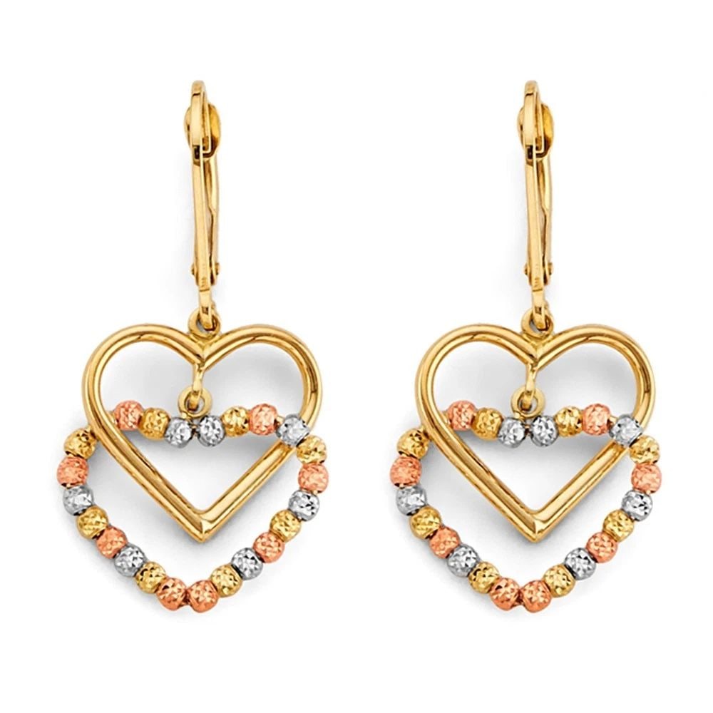 NEW 14K TRI COLOR GOLD HANGING DOUBLE HEART BEAD EARRINGS (1 of 2)